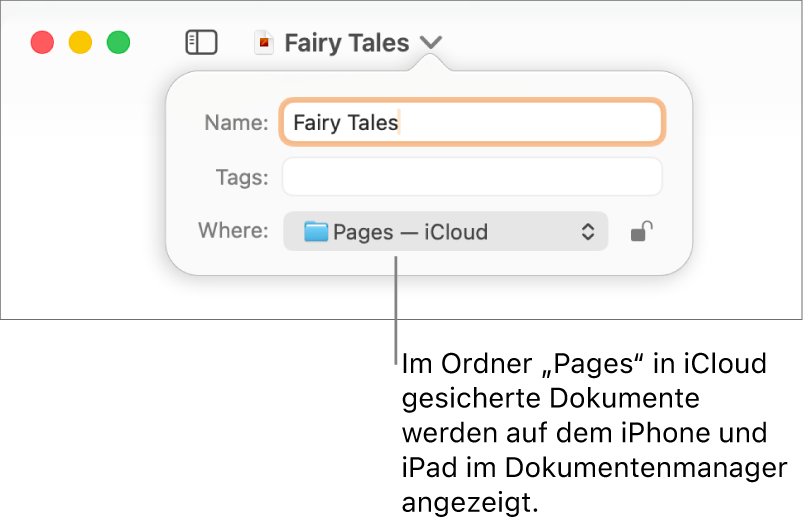 Das Fenster „Sichern“ für ein Dokument mit Pages – iCloud im Einblendmenü „Ort“