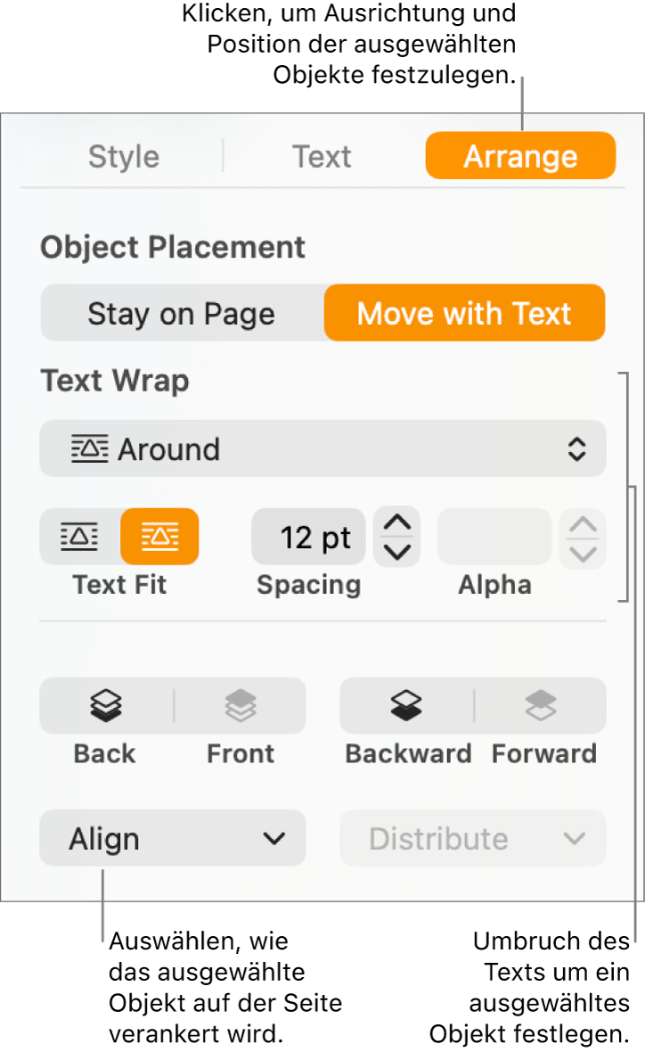 Das Menü „Format“ mit der angezeigten Seitenleiste „Anordnen“. Die Einstellungen „Platzierung des Objekts“ ganz oben in der Seitenleiste „Anordnen“ mit den Einstellungen „Textumbruch“ unten