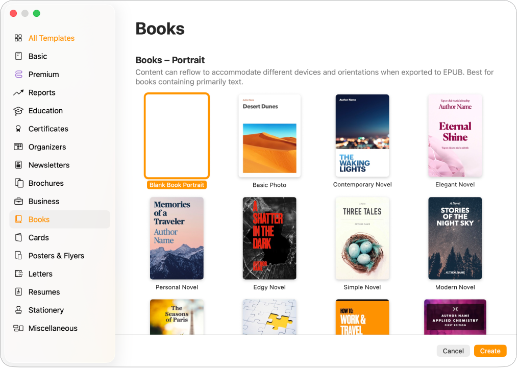 Die Vorlagenauswahl mit ausgewählter Kategorie „Bücher“ links und Buchvorlagen im Hochformat rechts