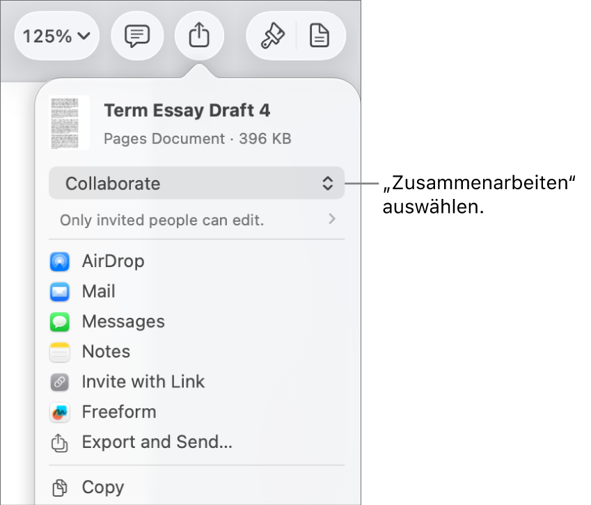 Im Menü „Teilen“ ist „Zusammenarbeiten“ oben ausgewählt und die Einstellungen für Zugriff und Berechtigungen befinden sich darunter.