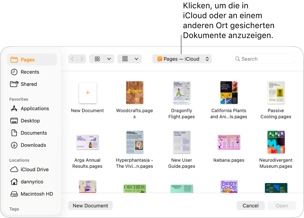 Das Dialogfenster „Öffnen“ mit der geöffneten Seitenleiste links und dem Einblendmenü oben, in dem iCloud Drive ausgewählt ist. Der Ordner „Pages“ wird im Dialog angezeigt zusammen mit der Taste „Neues Dokument“.