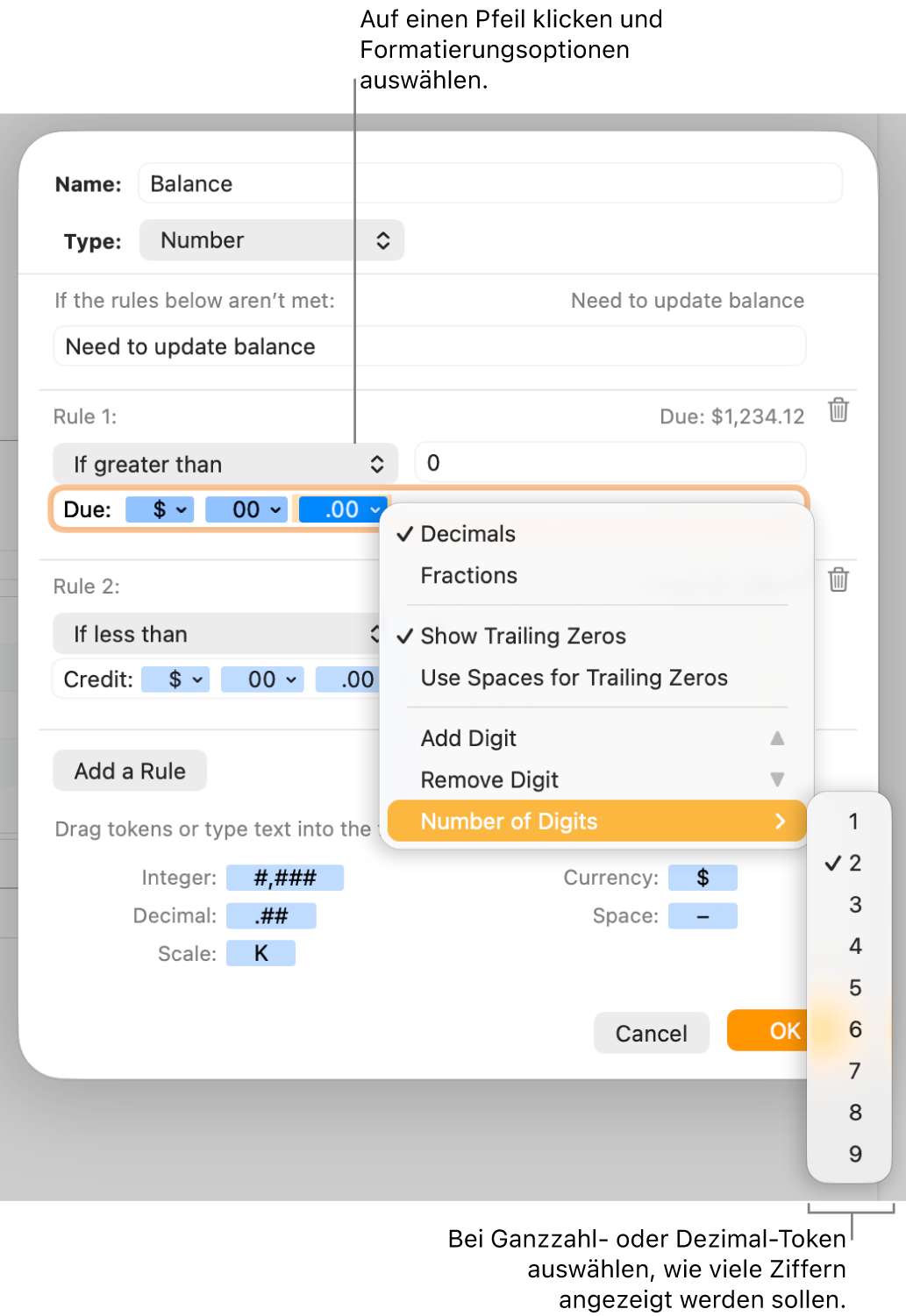 Das Fenster für ein eigenes Zellenformat mit Steuerelementen zum Auswählen eigener Formatierungsoptionen