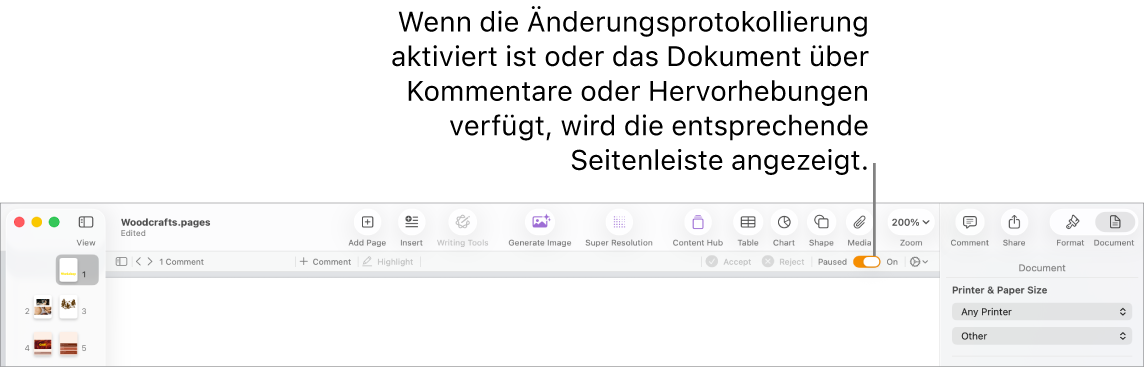 Die Pages-Symbolleiste mit aktiviertem Änderungsprotokoll und der Korrektur- und Prüfleiste darunter