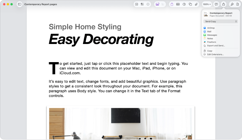 Ein geöffnetes Dokument mit dem geöffneten Menü „Teilen“.