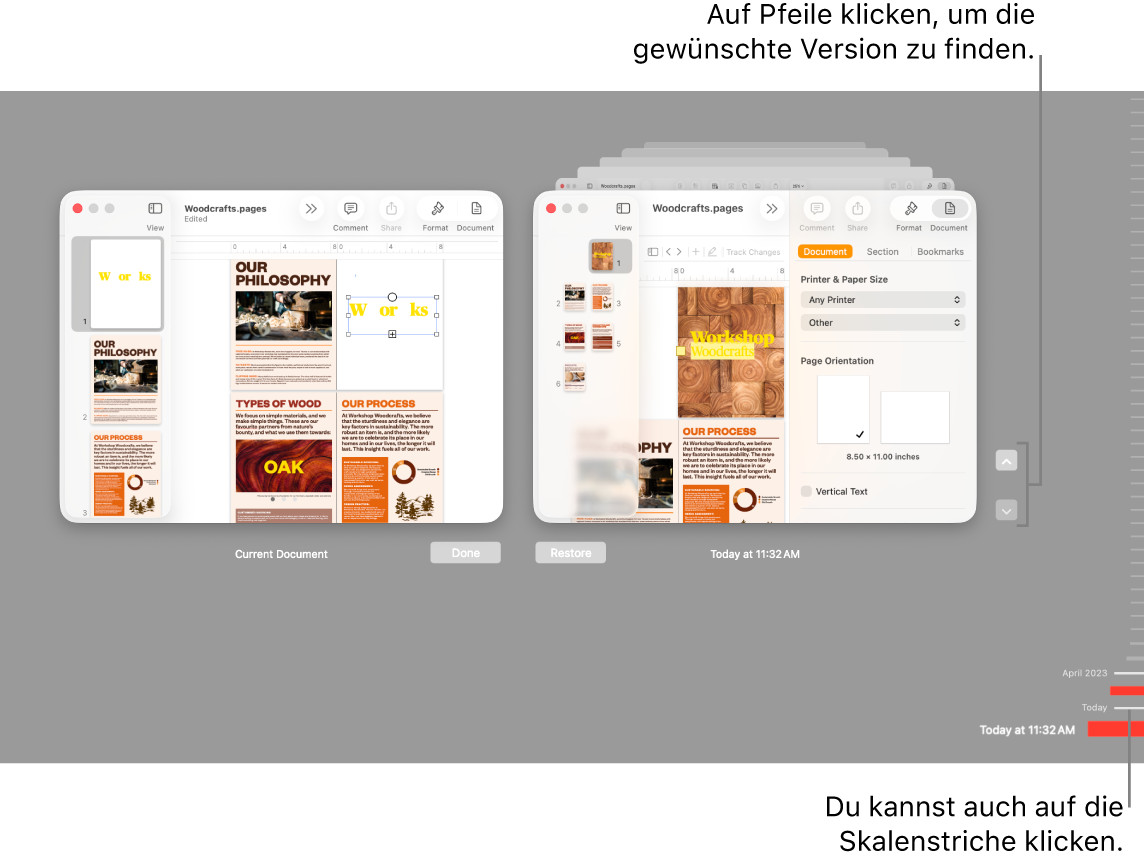 Die Zeitachse mit den Versionen mit dem aktuellen Dokument auf der linken und einer älteren Version auf der rechten Seite