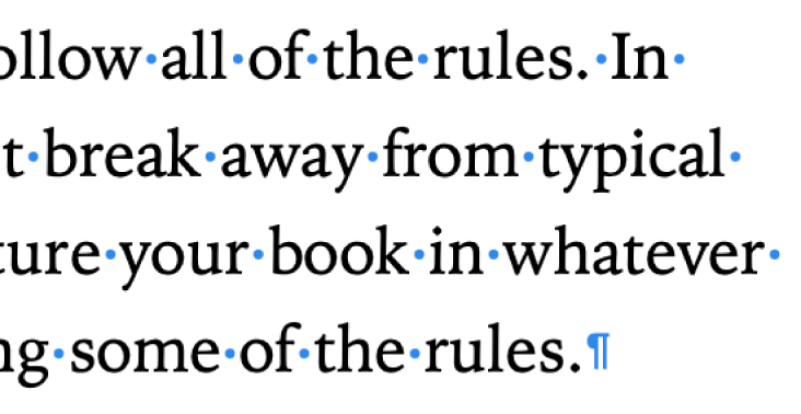 Text showing symbols for spaces, paragraph break and section break.