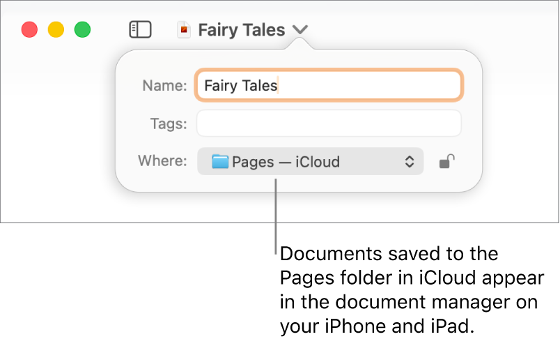 The Save dialogue for a document with Pages — iCloud in the Where pop-up menu.