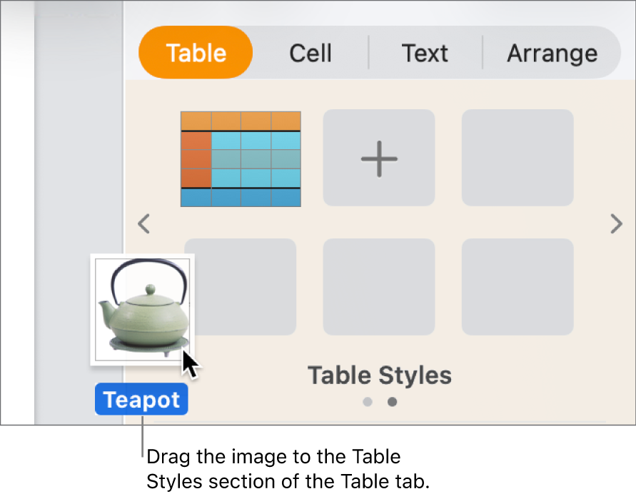 Dragging an image into the table styles pane to create a new style.