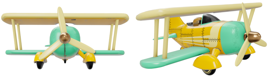 A 3D model of a biplane viewed from two angles.