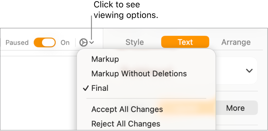 The review options menu showing Markup, Markup Without Deletions and Final.