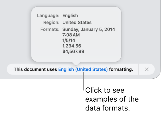 The notification of the different language and region settings, showing examples of formatting for that language and region.