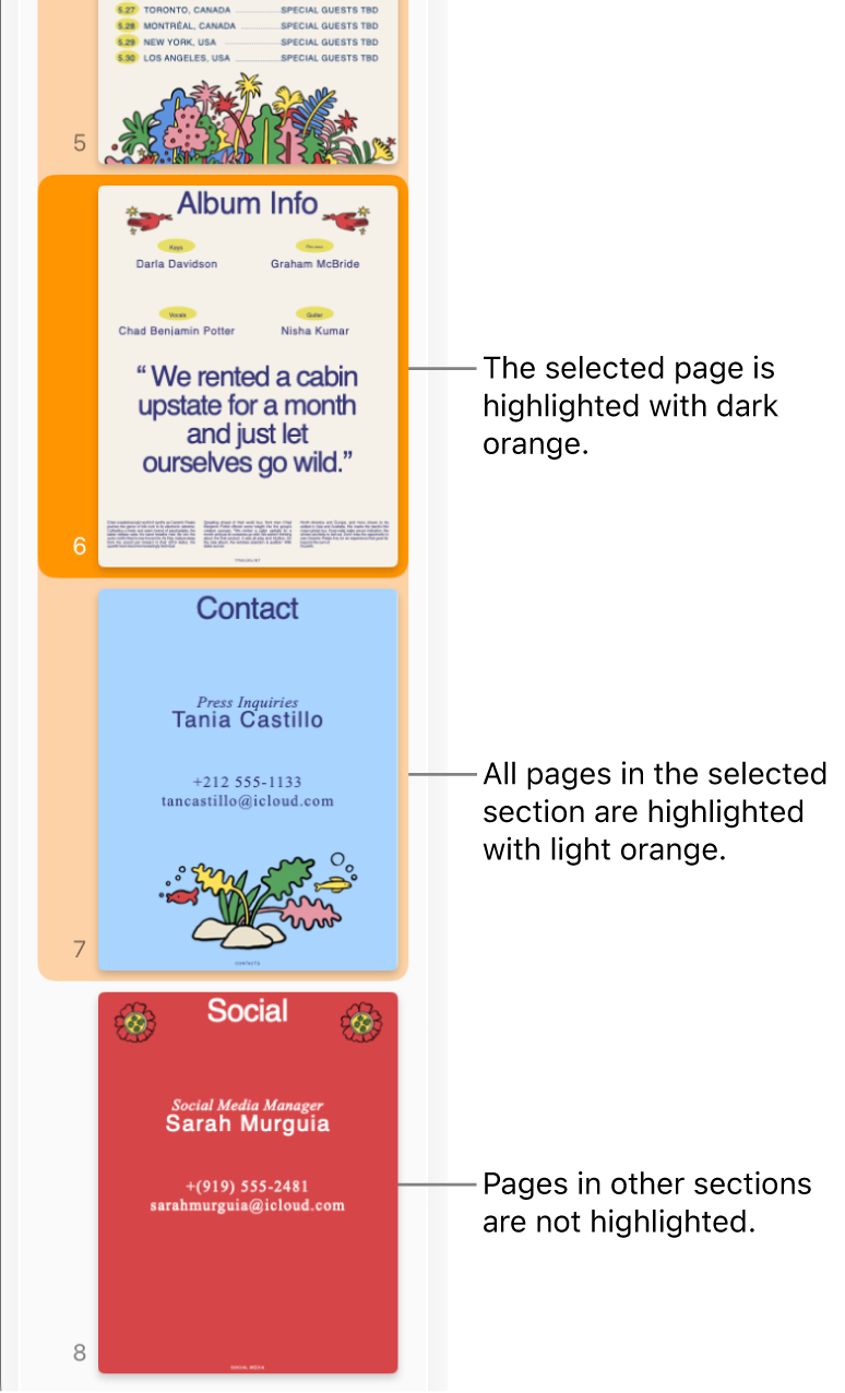 The Thumbnail View sidebar with the selected page highlighted in dark orange and all pages in the selected section highlighted in light orange.