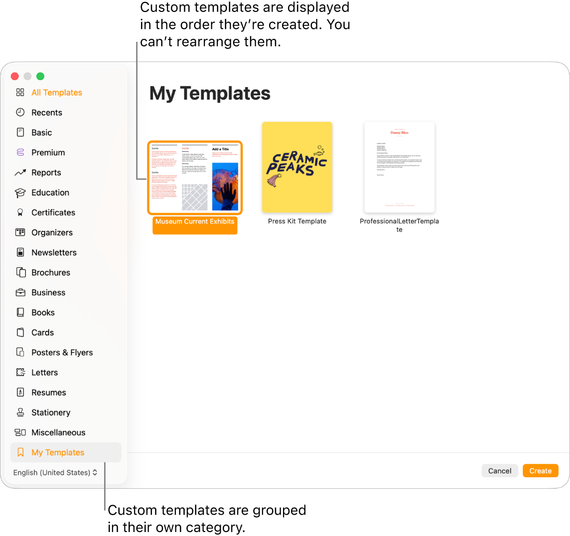 The template chooser with My Templates as the last category on the left. Custom templates are displayed in the order they are created and can’t be rearranged.