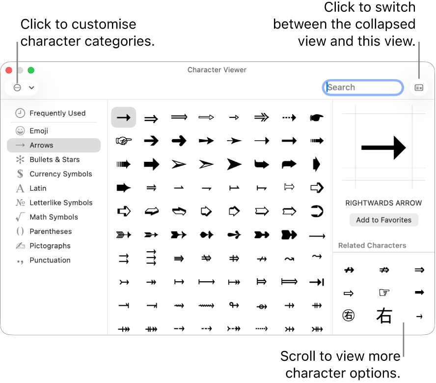 The expanded Character Viewer showing special characters and symbols, a menu for different categories of symbols on the left and a button in the top-right corner that allows you to return to the collapsed view.
