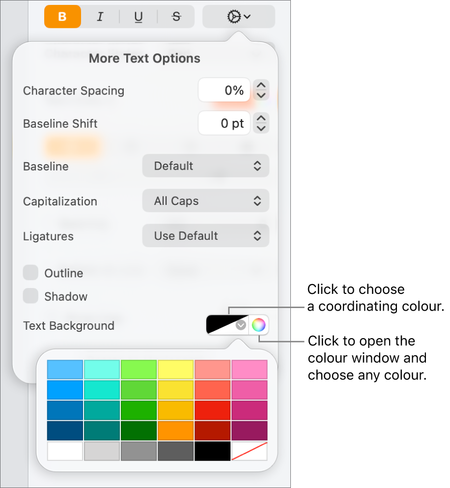 Controls for choosing a background colour for text.