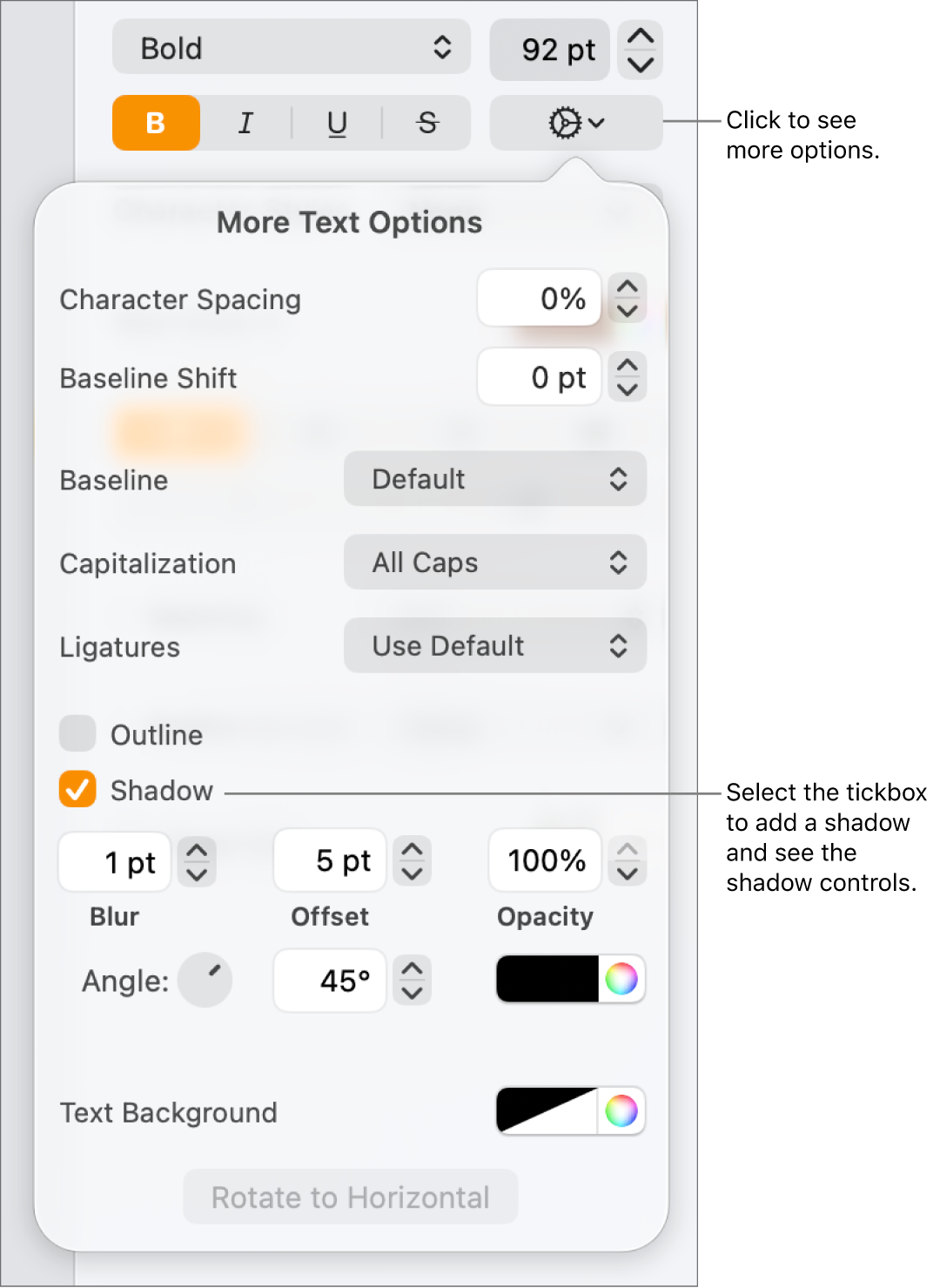 The Advanced Options menu open with the Shadows tickbox selected and controls for setting blur, offset, opacity, angle and colour.