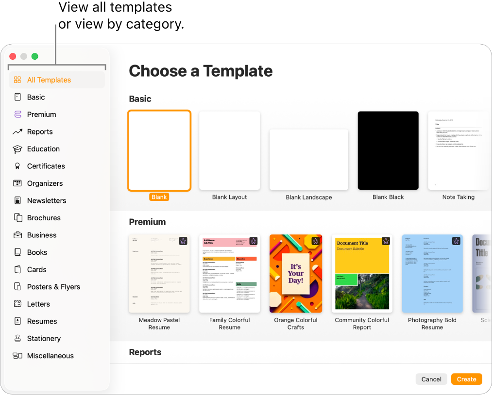 The template chooser. A sidebar on the left lists template categories you can click to filter options. On the right are thumbnails of pre-designed templates arranged in rows by category, starting with Basic at the top and followed by Reports and Books — Portrait. The Language and Region pop-up menu is in the bottom-left corner, and Cancel and Create buttons are in the bottom-right corner.