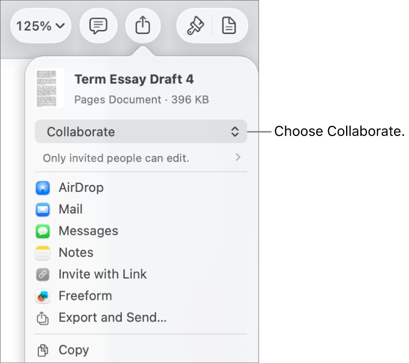 The Share menu with Collaborate selected at the top, and access and permission settings underneath.