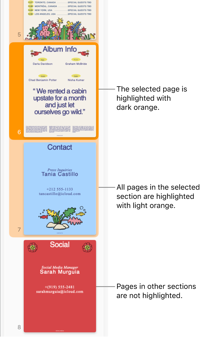 The Thumbnail View sidebar with the selected page highlighted in dark orange and all pages in the selected section highlighted in light orange.