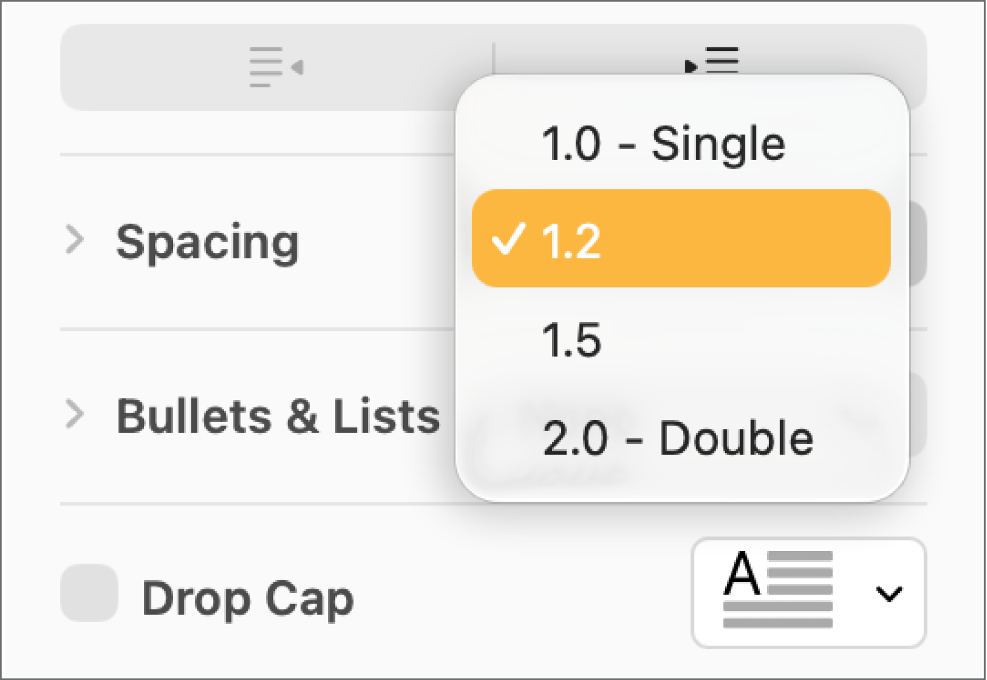 The Spacing pop-up menu with Single, Double and other options.