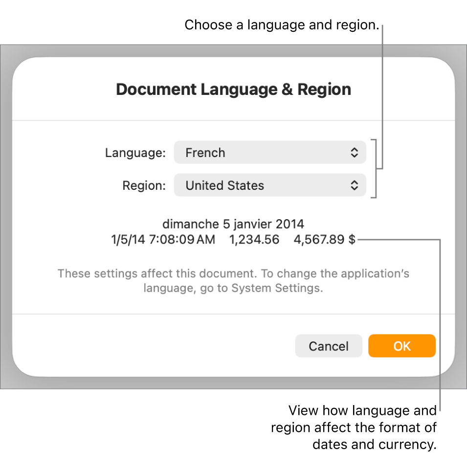 Language & Region pane with controls for language and region, and a format example including date, time, decimal and currency.