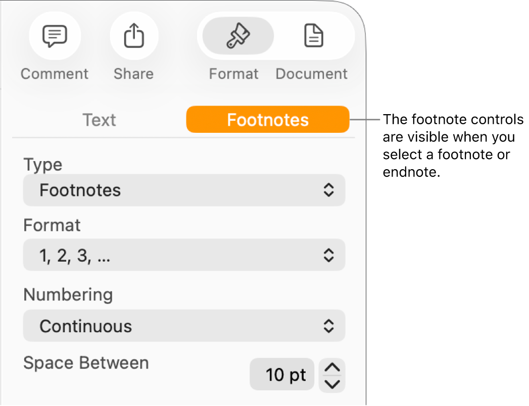 The Footnotes pane showing pop-up menus for Type, Format, Numbering and space between notes.