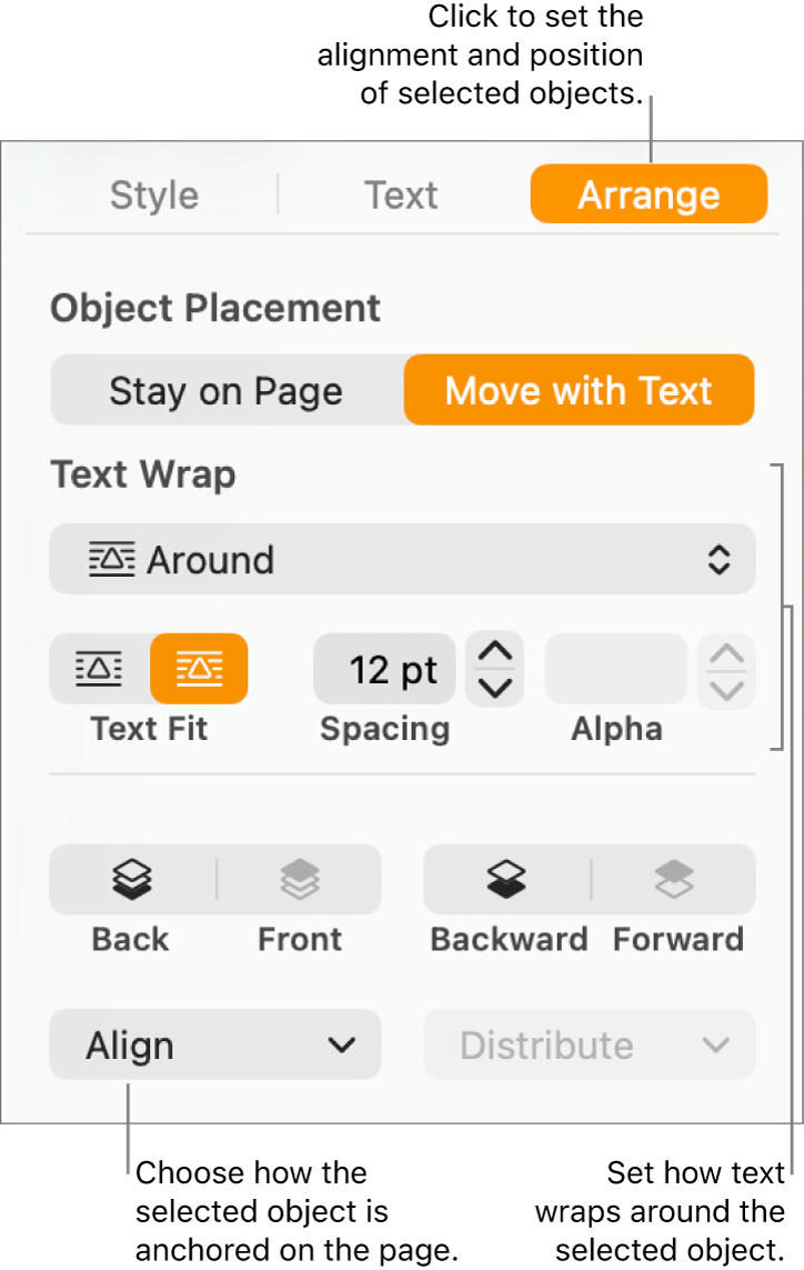 The Format menu with the Arrange sidebar displayed. The Object Placement settings are at the top of the Arrange sidebar, with the Text Wrap settings below.