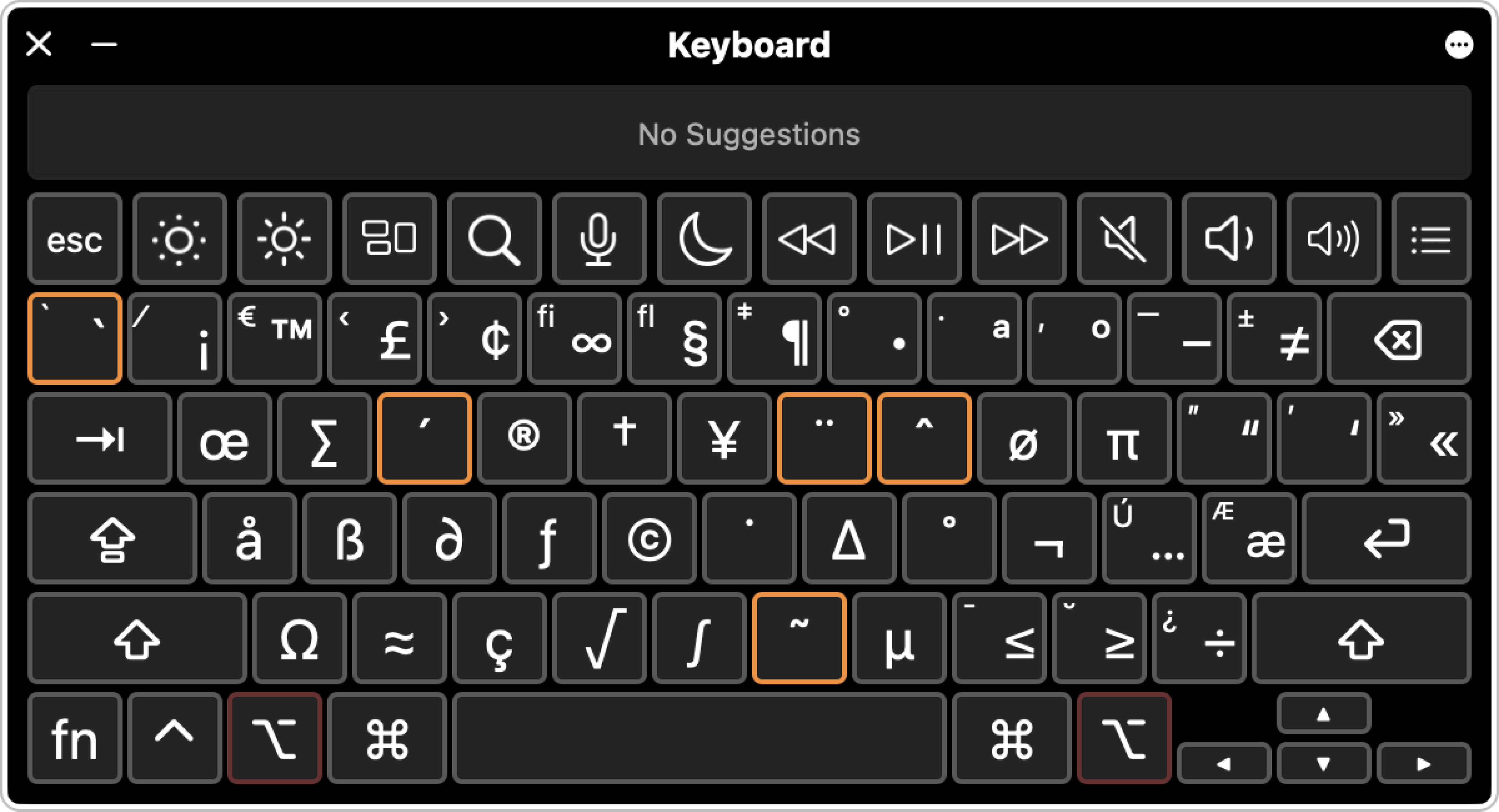 The Keyboard Viewer open with highlighted dead keys.