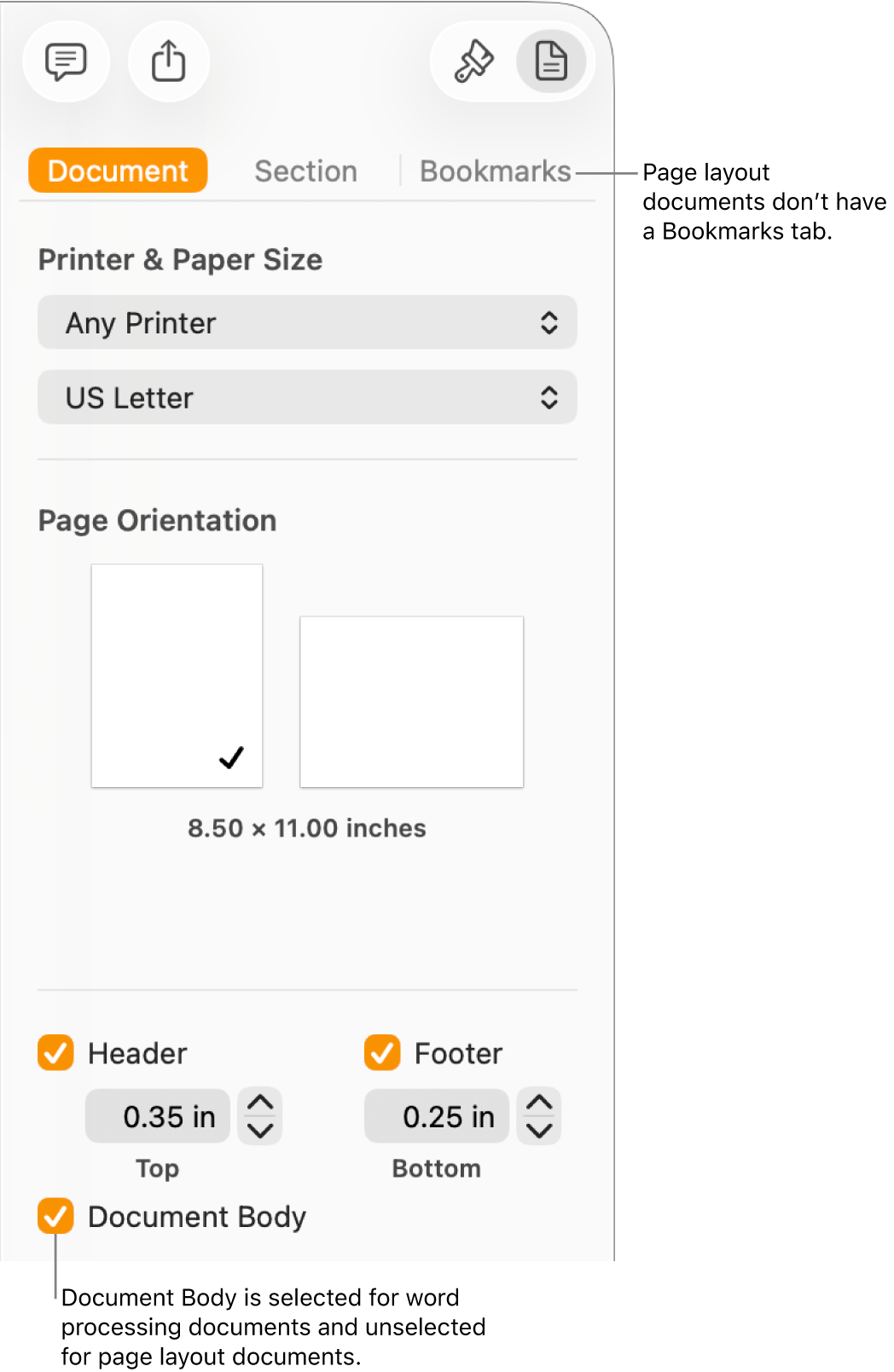 The Format sidebar with the Document, Section and Bookmarks tabs at the top. The Document tab is selected and a callout to the Bookmarks tab says that page layout documents don’t have a Bookmarks tab. The Document Body tickbox is selected, which also indicates that this is a word processing document.