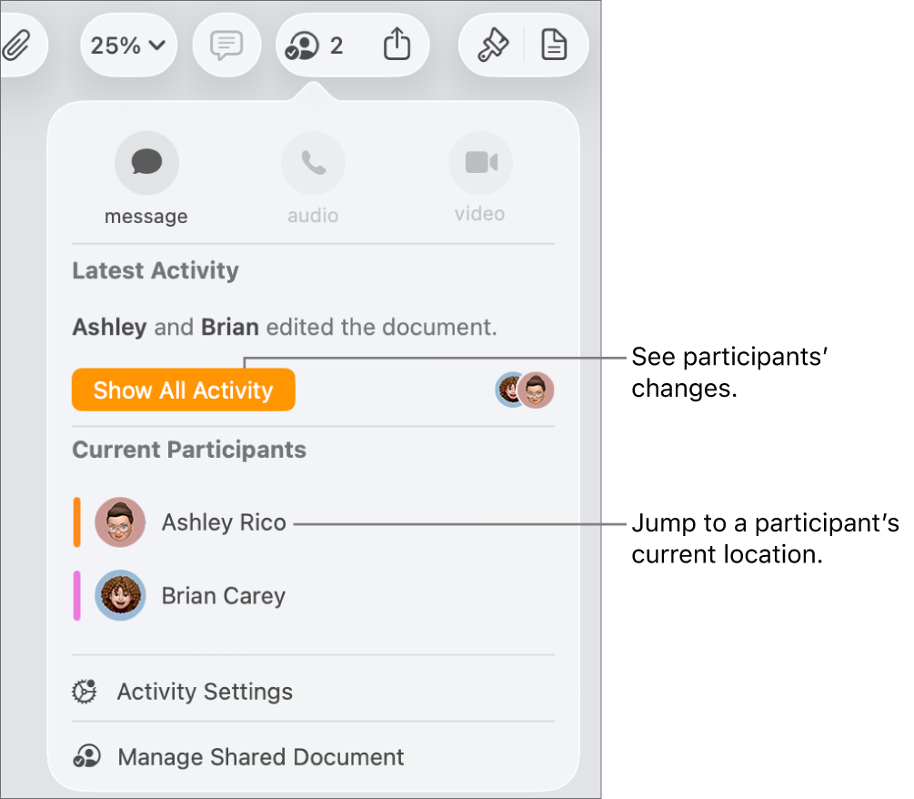 The collaboration menu with two current participants listed.