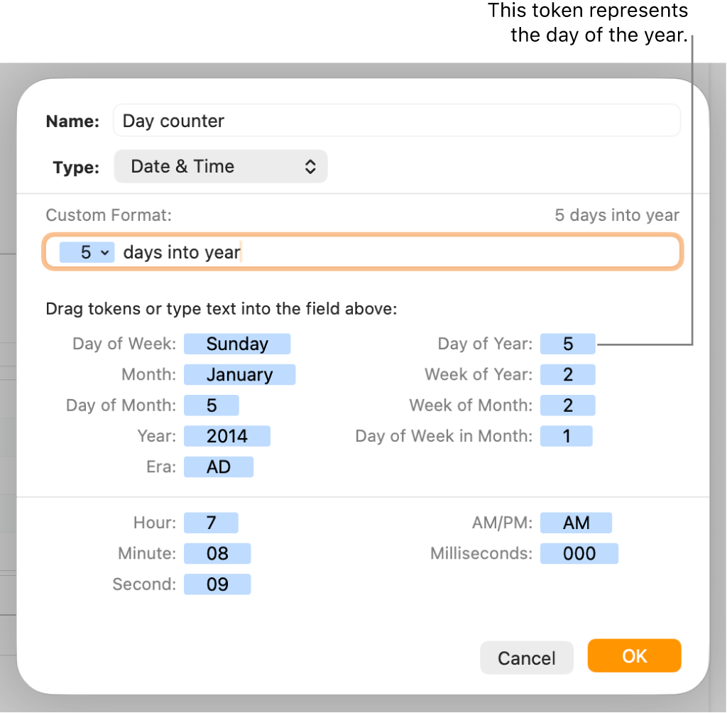 The custom cell format window with controls for choosing custom date and time formatting.