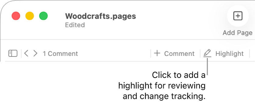 The menu bar showing the Insert menu and below it, the Pages toolbar with review tools showing and a callout to the Highlight button.