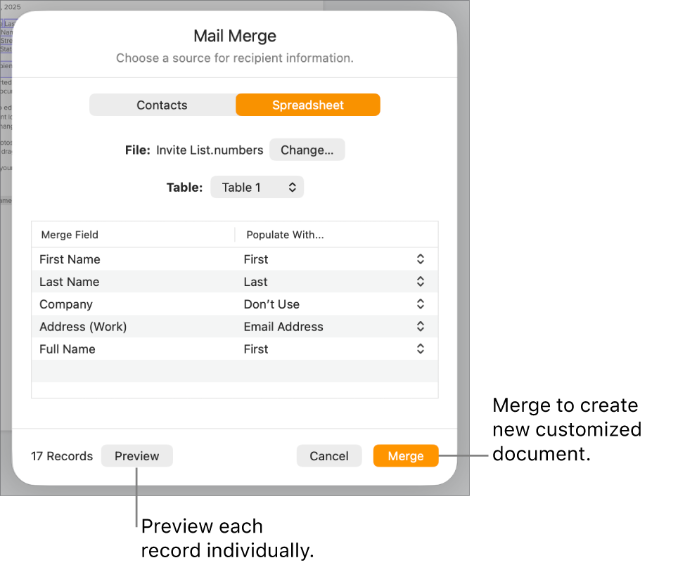 Mail Merge pane open, with options to change the source file or table, preview the merge field names or individual records, or merge the document.