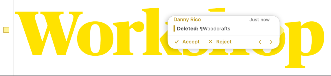 Deleted text with an open comment and Accept, Reject, and navigation arrows. The tracked change shows author name and date.