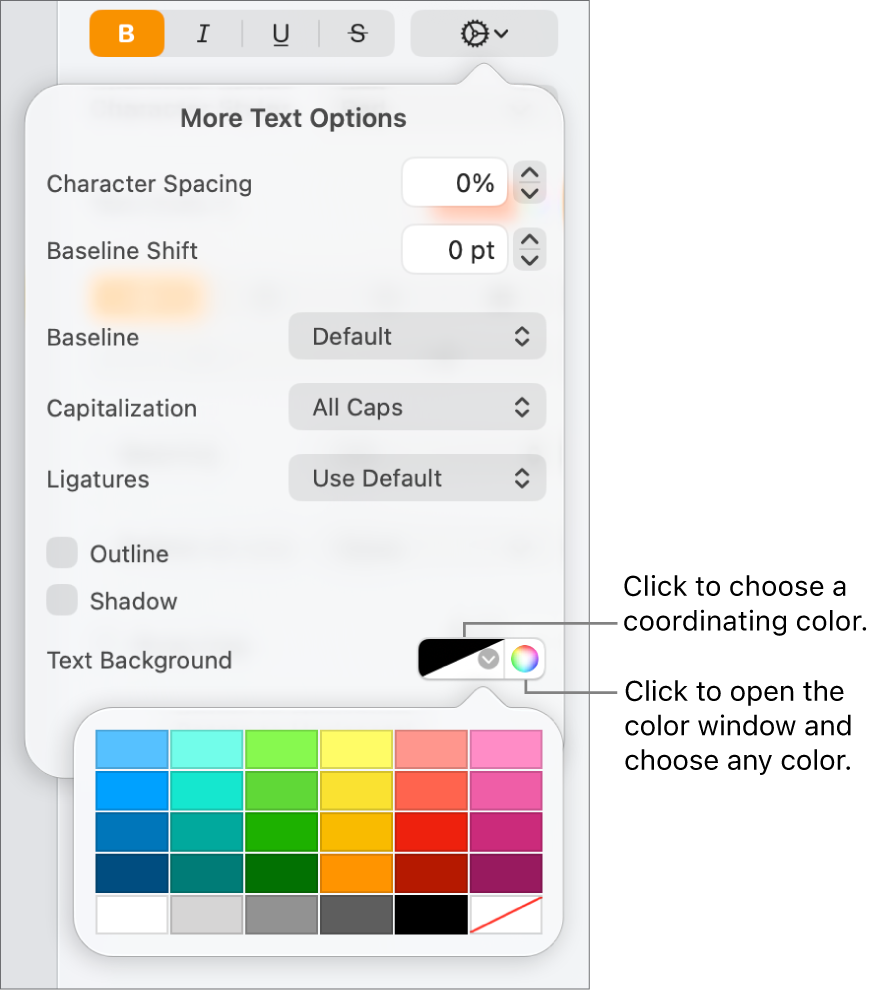 Controls for choosing a background color for text.