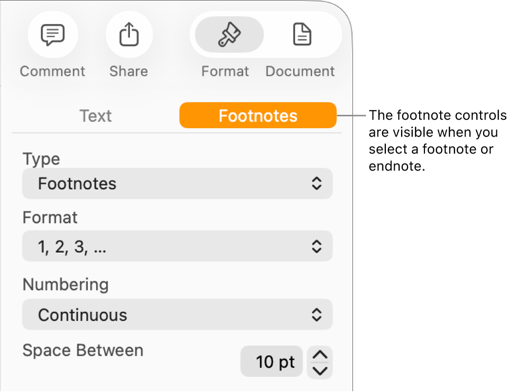 The Footnotes pane showing pop-up menus for Type, Format, Numbering, and space between notes.