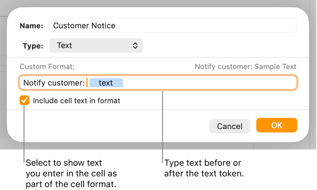 The custom cell format window with controls for choosing custom text formatting.