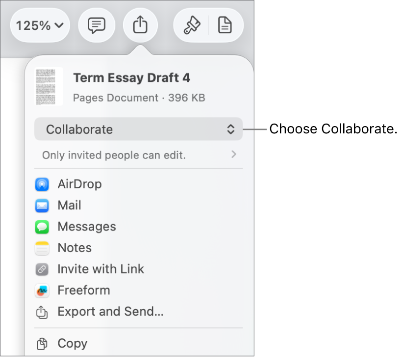 The Share menu with Collaborate selected at the top, and access and permission settings underneath.
