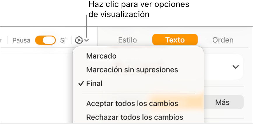 El menú de opciones de revisión con Marcación, Marcación sin supresiones, y Final.