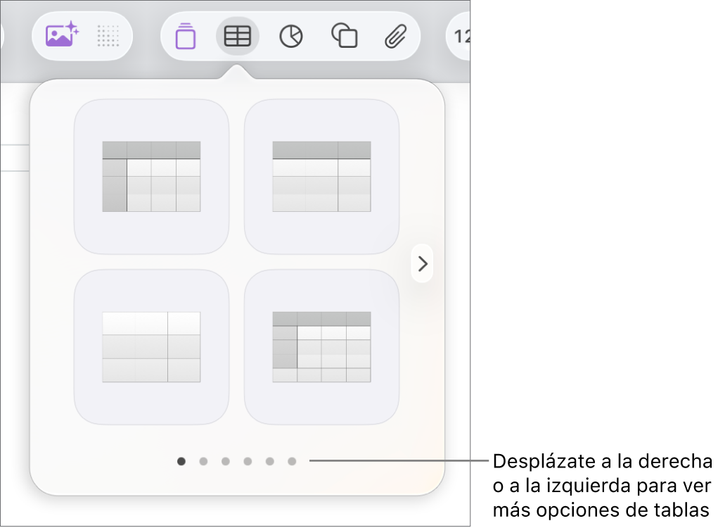 El menú Agregar tabla con flechas de navegación.