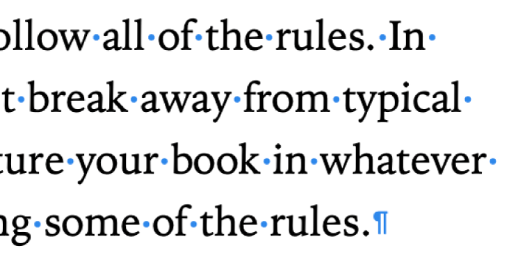Texto en el que se muestran los símbolos de espacio, salto de párrafo y salto de sección.