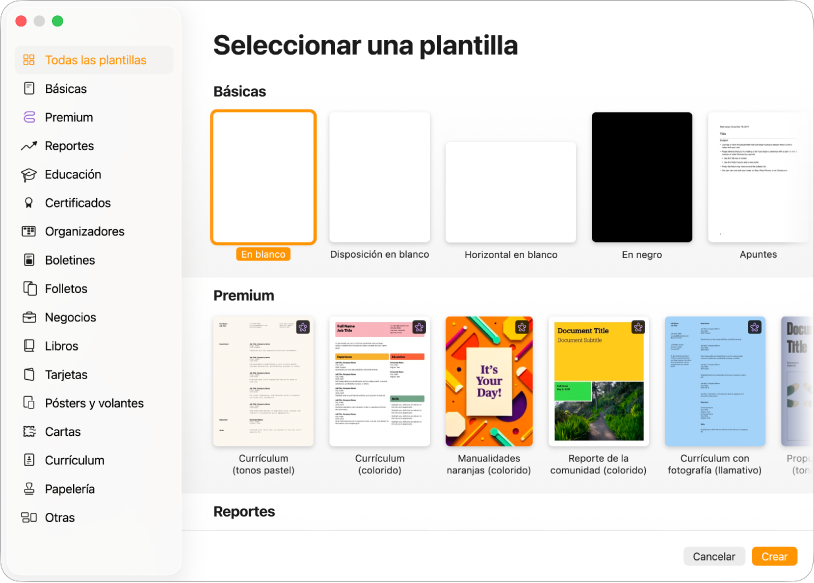 El selector de plantilla. A la izquierda aparece una barra lateral que muestra categorías de plantillas en las que puedes hacer clic para filtrar las opciones. A la derecha hay miniaturas de plantillas prediseñadas ordenadas en filas por categorías. Los botones Cancelar y Crear se encuentran en la esquina inferior derecha.
