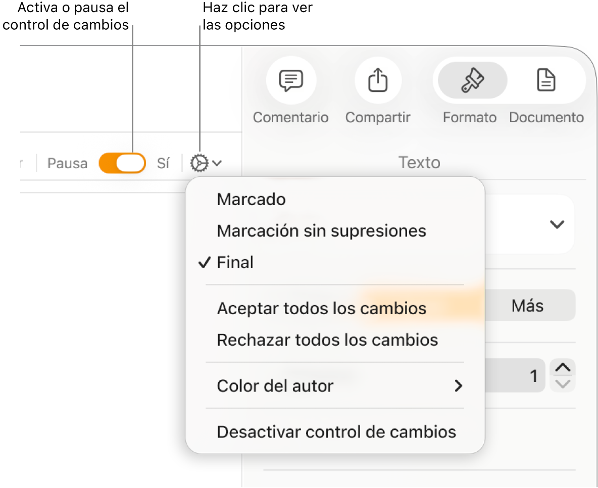 El menú de opciones de control de cambios con Desactivar control de cambios en la parte inferior y globos de mensaje en Control de cambios: Activado, y en En pausa.