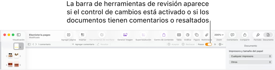 La barra de herramientas de Pages con el control de cambios activado y la barra de herramientas de revisión debajo de la barra de herramientas de Pages.