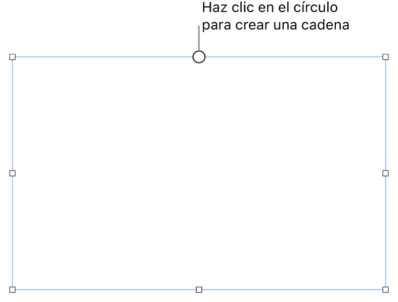 Un cuadro de texto vacío con un círculo blanco en la parte superior y manijas de redimensionamiento en las esquinas, en ambos lados y en la parte inferior.