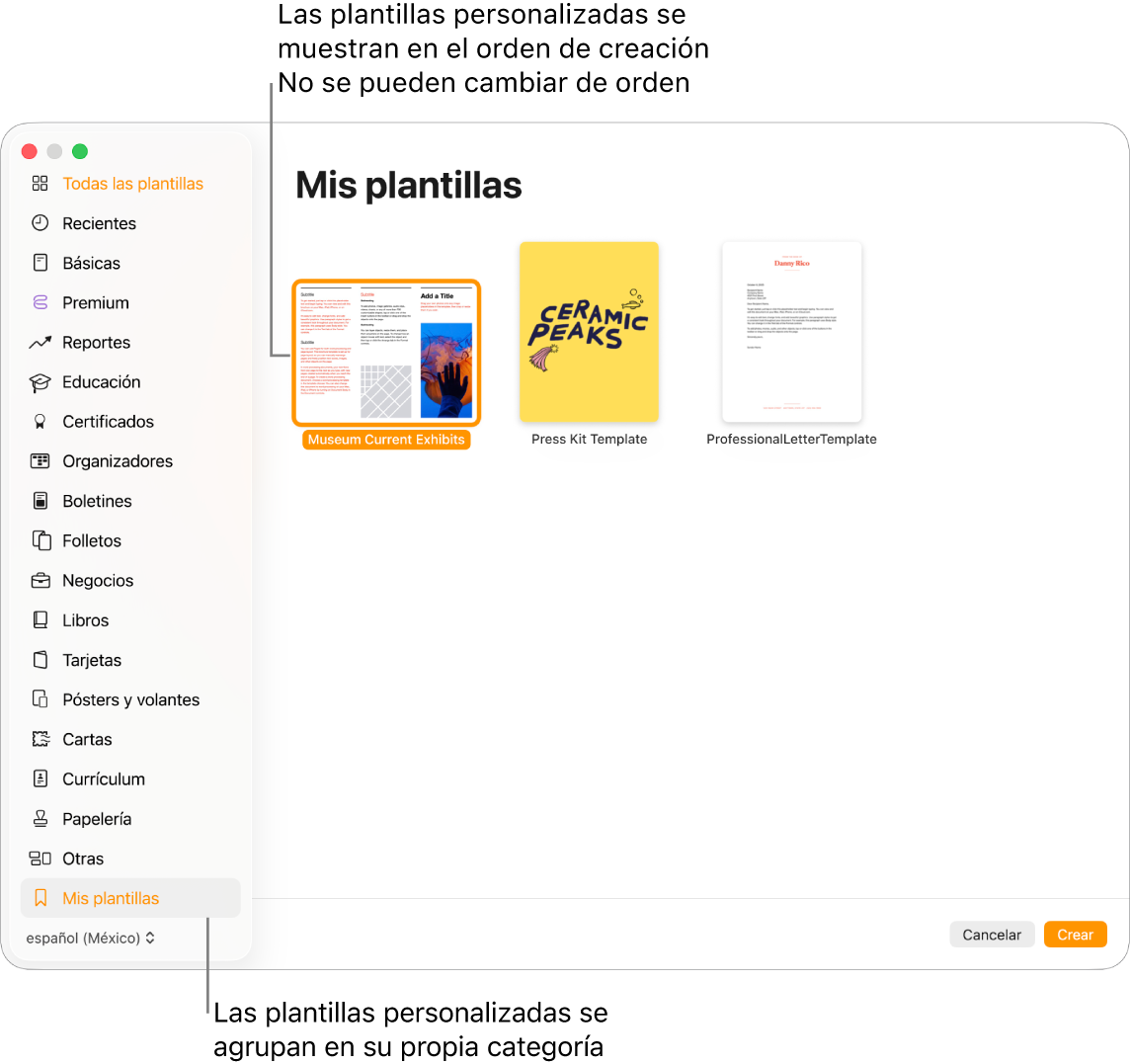 El selector de plantilla con la categoría Mis plantillas como la última categoría a la izquierda. Las plantillas personalizadas se muestran en el orden en el que se crearon y no se pueden reorganizar.
