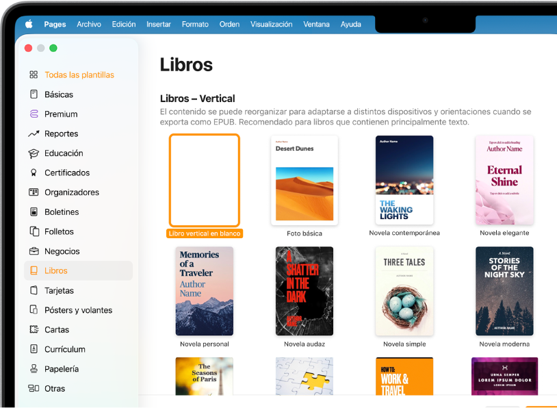 El selector de plantillas con Libros seleccionado en la lista de categorías de la izquierda, y plantillas de libros con orientación vertical a la derecha.