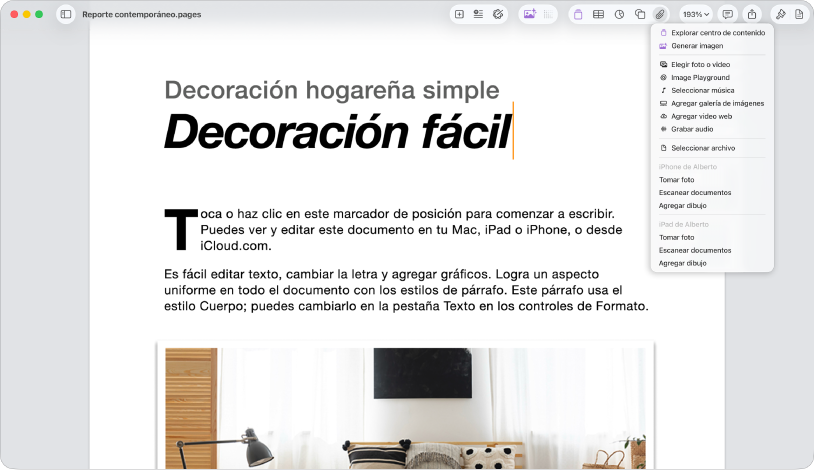 Abre el documento con el menú Agregar contenido abierto.