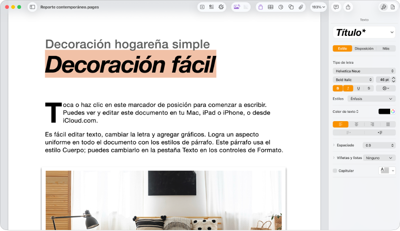 Un documento abierto con la barra lateral de formato abierta y la pestaña de texto seleccionada.