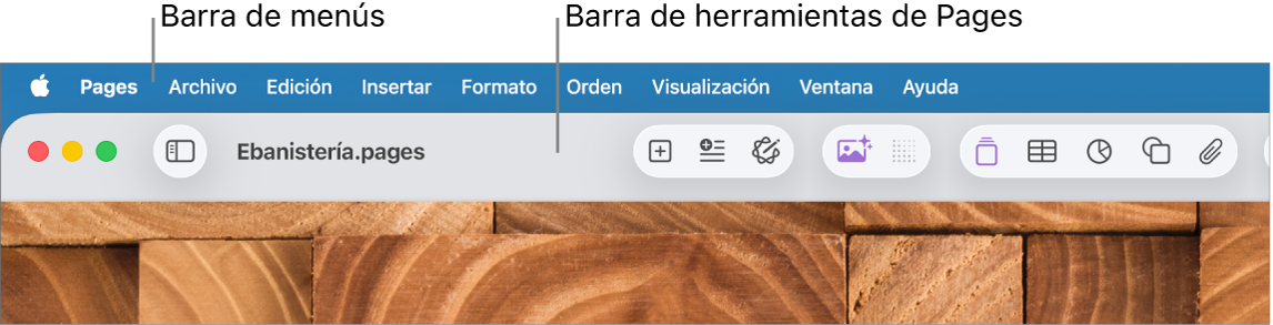La barra de menús en la parte superior de la pantalla con los menús Apple, Pages, Archivo, Edición, Insertar, Formato, Ordenar, Visualización, Compartir, Ventana y Ayuda. Debajo de la barra de menús se encuentra un documento de Pages abierto con botones de la barra de herramientas a lo largo de la parte superior, con las opciones Visualización, Zoom, Agregar página, Insertar, Tabla, Gráfica, Texto, Figura, Contenido y Comentarios.